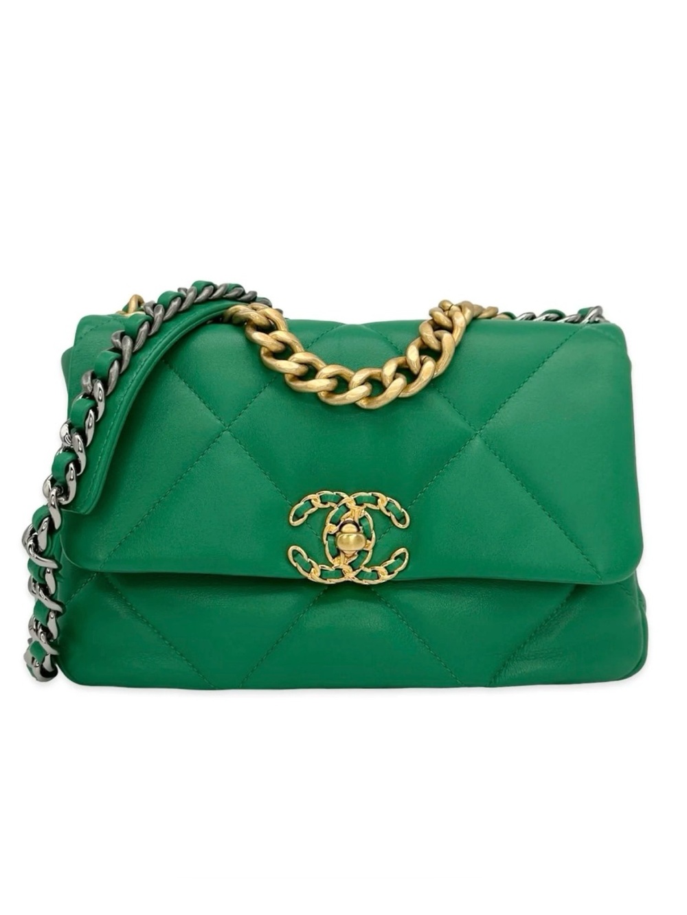 Chanel Green Quilted Lambskin Flap Bag with Gold Chain